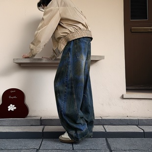 美式复古蓝弯刀裤男女潮牌痞帅炸街牛仔裤脏脏设计感阔腿裤子拖地
