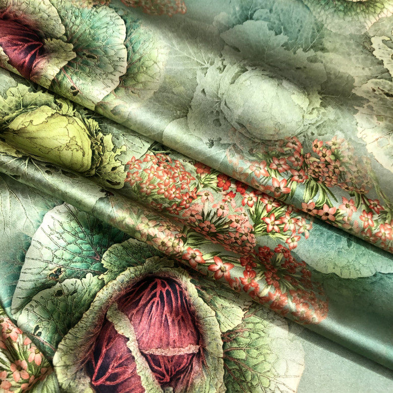 19姆米真丝弹力缎布料喷绘印花桑蚕丝皱叶甘蓝蔬菜图丝绸旗袍面料