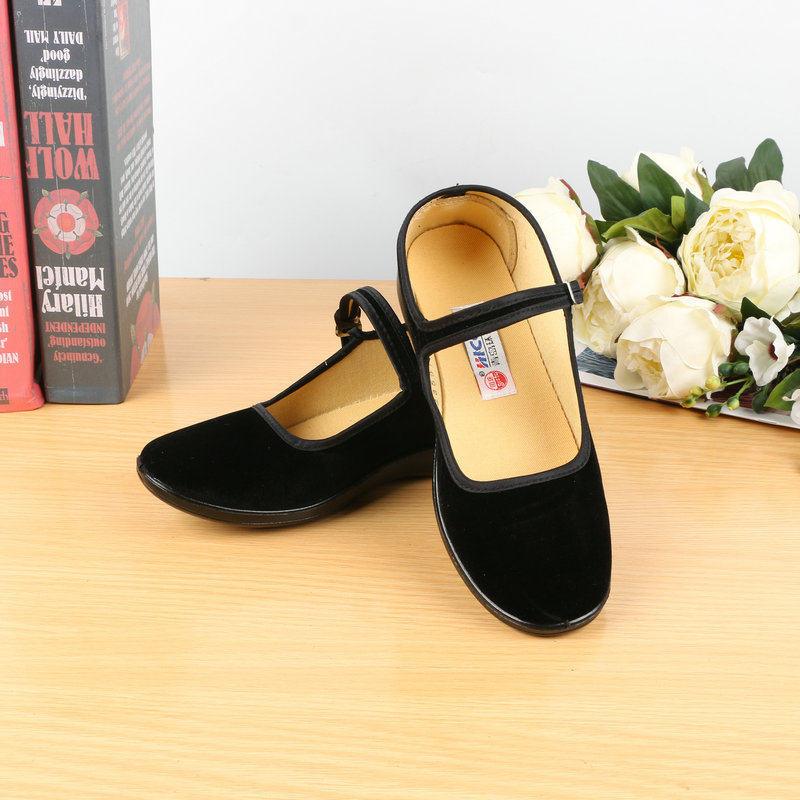 国途老北京一带女布鞋单鞋厚底平底工作鞋黑色平绒职业上班鞋