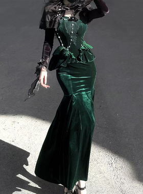 星尘花园 原创正版幽暗森林吊带复古哥特暗黑系鱼尾丝绒礼服长裙