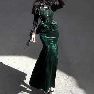 星尘花园 幽暗森林吊带复古哥特暗黑系鱼尾丝绒礼服长裙 原创正版