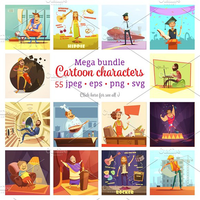 A0402矢量AI设计素材 55个欧美卡通人物家庭工作生活运动度假场景