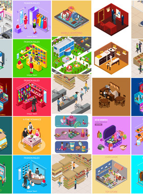A0409矢量AI设计素材 25张扁平化立体轴测图商场购物超市餐厅场景