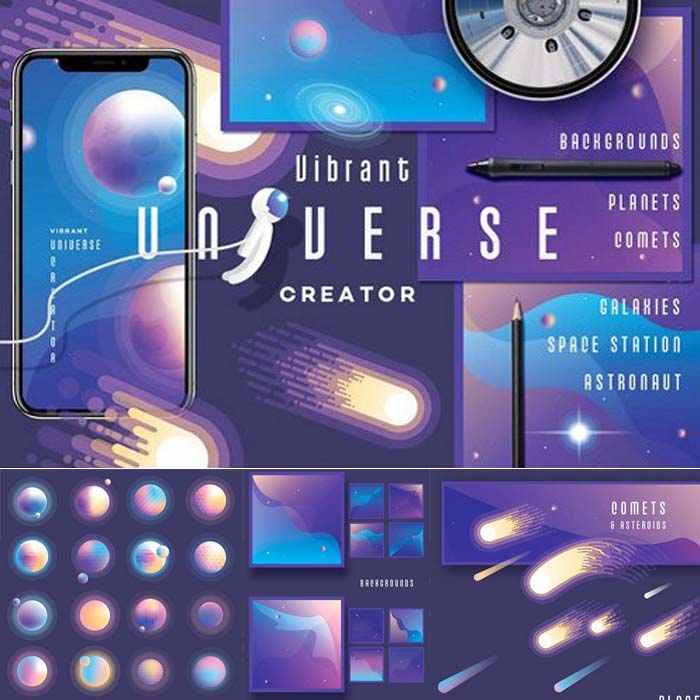 A0486矢量AI设计素材 超现代宇宙星空星云彗星渐变几何背景插画