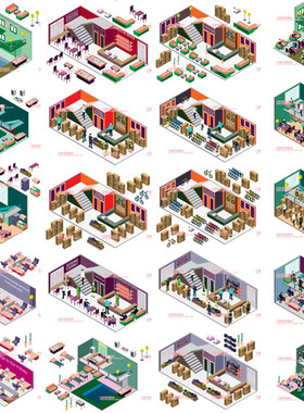 A0395矢量AI设计素材25张扁平化图标Isometric轴测图室内场景人物