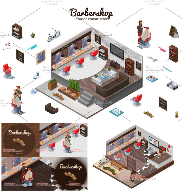 A0589矢量AI设计素材 扁平化轴测图风格3D理发店场景插画图标创建