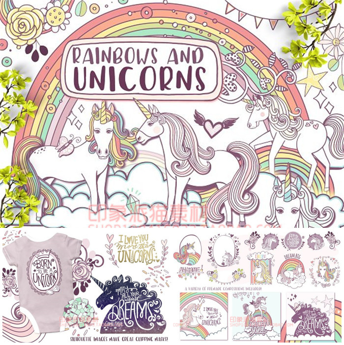 A0555矢量AI设计素材手绘彩虹独角兽logo背景插画印花纹理图含png
