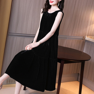 暑期热门穿搭薄款宽松a字大摆丝绒长裙2025年夏季无袖背心连衣裙