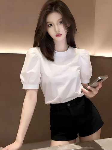 法式高级感圆领泡泡袖白色T恤女2026新款夏季宽松小个子休闲上衣
