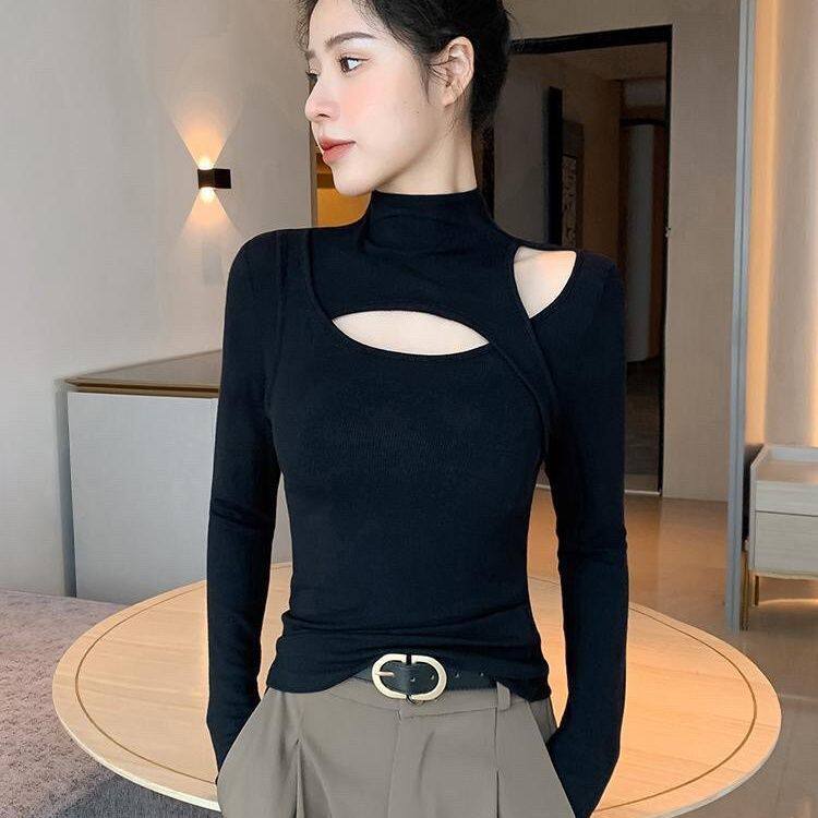 黑色半高领打底衫女2024新款春秋冬镂空修身高级内搭薄款长袖上衣