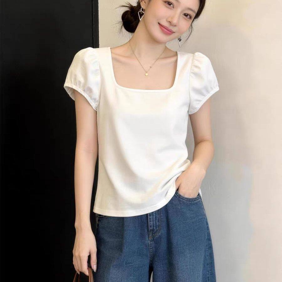 白色方领泡泡袖短袖T恤女夏季大码胖妹妹宽松显瘦百搭设计感上衣