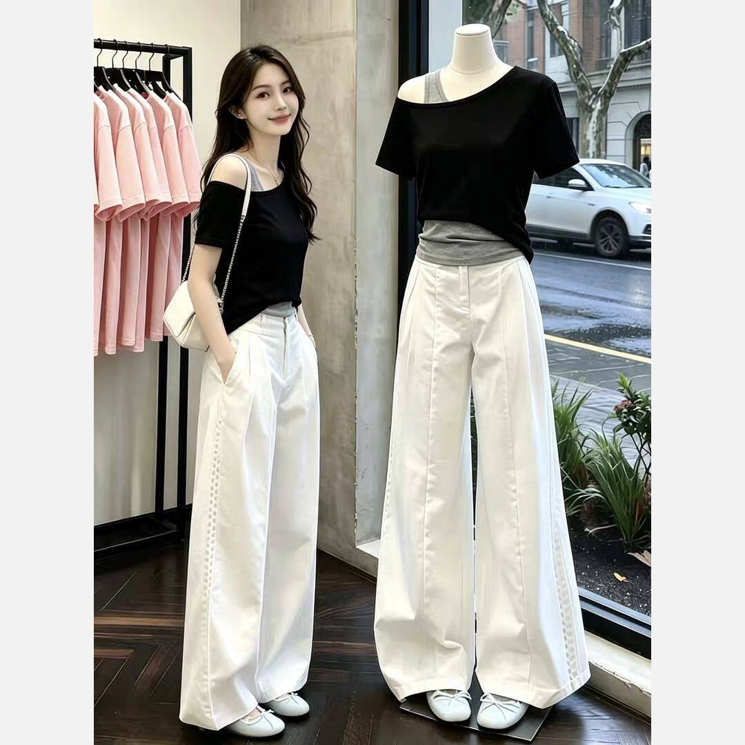 韩系新款夏季真俩件短袖上衣搭配阔腿裤洋气时尚穿搭初夏两件套女