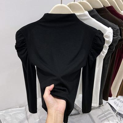 冬季2024韩系新款半高领内搭打底衫女小众泡泡袖别致长袖T恤上衣