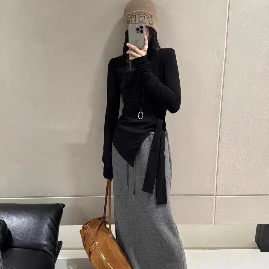 法式不规则设计感收腰绑带长袖T恤女2024秋冬季修身内搭高级上衣