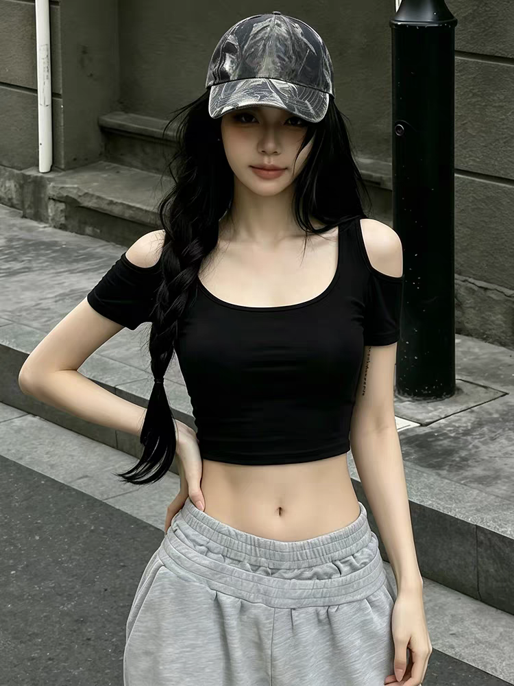 辣妹风露肩U领短袖t恤女夏季新款性感修身显瘦露脐短款美式小上衣