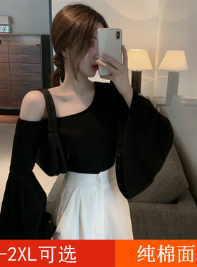 性感斜领露肩T恤女ins2024秋季新款修身设计感压褶喇叭袖短款上衣