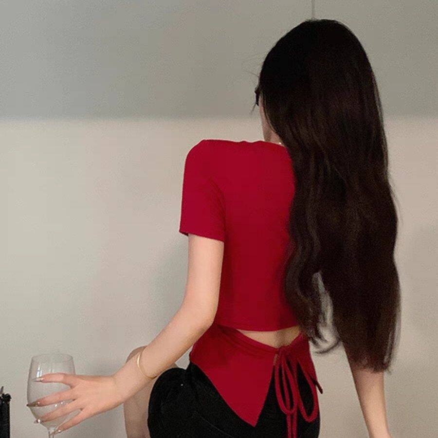 红色正肩圆领性感短袖T恤女夏季新款后背绑带设计感小众辣妹上衣