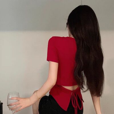 红色正肩圆领性感短袖T恤女夏季新款后背绑带设计感小众辣妹上衣