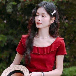 微胖大码女装胖mm法式酒红色短袖正肩T恤女夏季显瘦设计感上衣夏