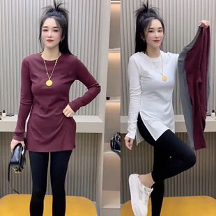 秋季新款圆领长袖中长款纯色开叉设计T恤时尚韩版女款显瘦打底衫