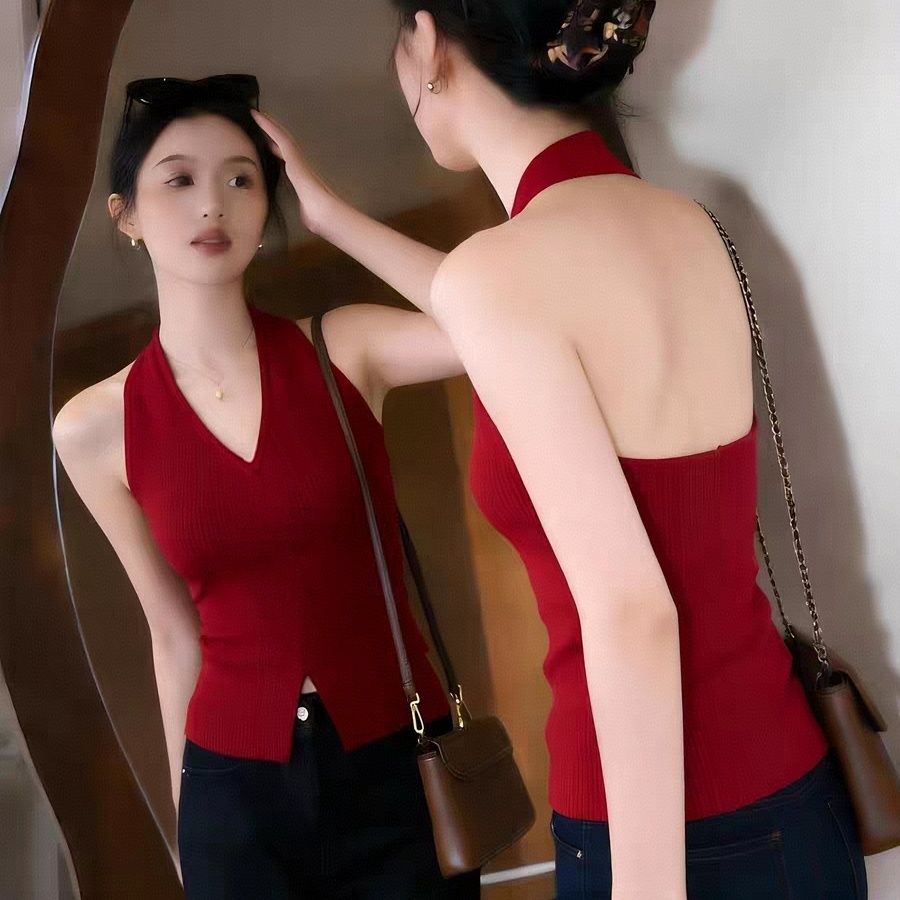 红色辣妹风挂脖V领开叉背心女夏外穿设计感修身露背无袖上衣内搭