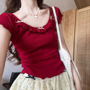 显瘦短袖 DOLL同款 修身 泡泡奶芙 上衣 纯欲圆领木耳边T恤女夏季