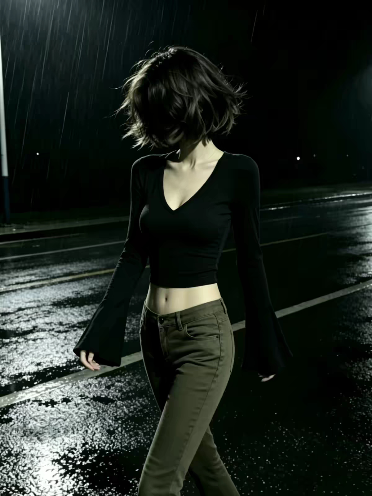 早秋季性感纯欲风V领喇叭长袖T恤女黑色显瘦短款露脐绝美小上衣