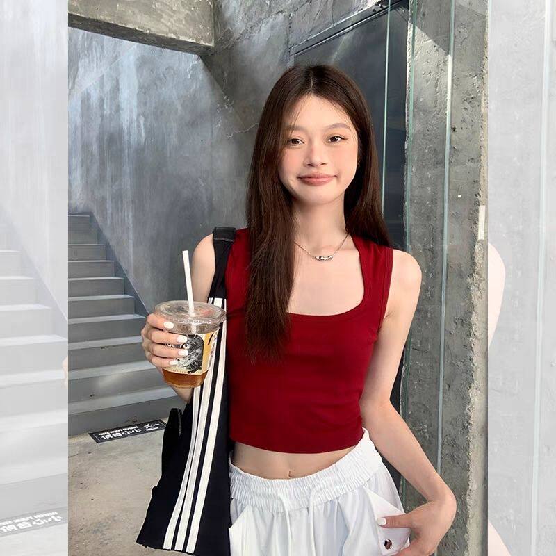 辣妹红色短款吊带背心女夏季外穿纯棉修身内搭遮副乳气质上衣潮
