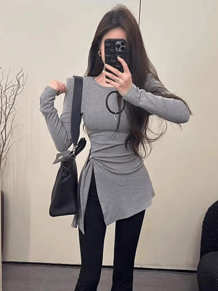 法式甜辣不规则绑带长袖T恤女早秋新款洋气修身显瘦辣妹开叉上衣