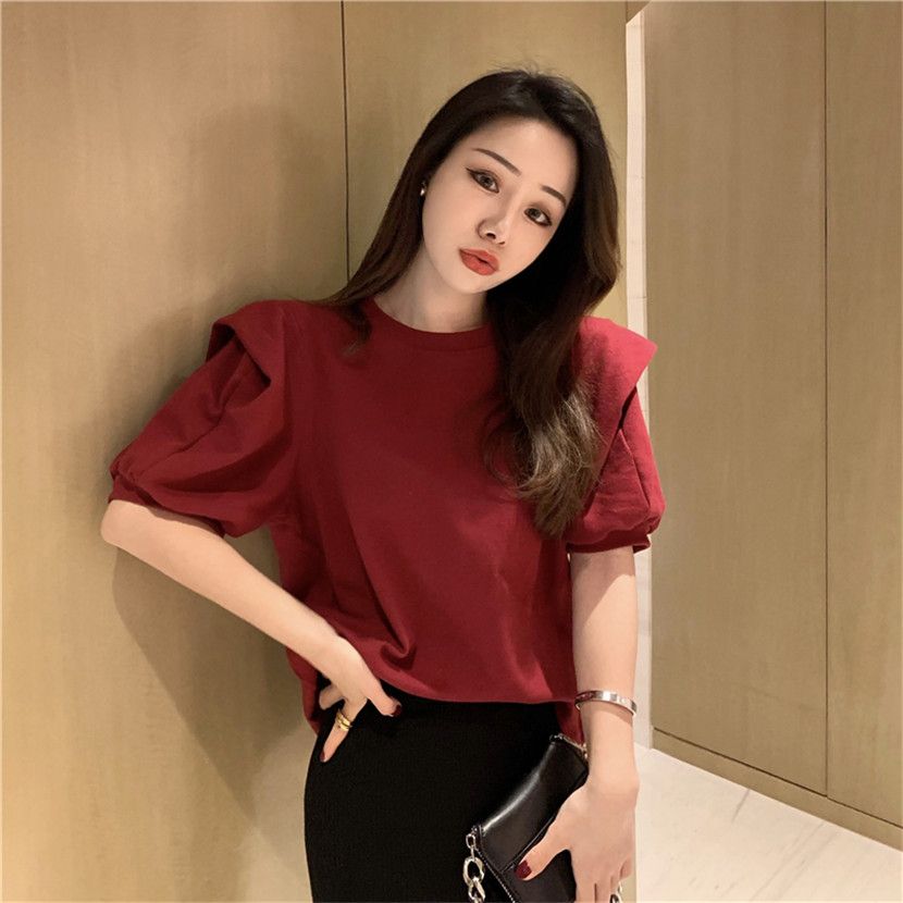 夏季2025新款气质复古宽松泡泡袖上衣港味白色T恤黑色短袖T恤女潮