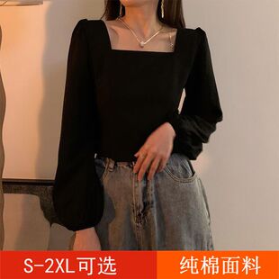 赫本风黑色方领复古法式正肩上衣女秋冬新款泡泡袖长袖锁骨T恤潮