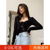 新款 SNT艾斯偷心贼胸前绑带蝴蝶结设计感黑色长袖 修身 秋冬上衣女