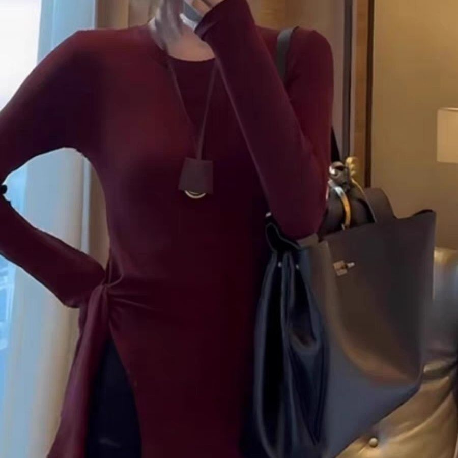 不规则小众设计感绑带长袖T恤女2024秋季修身显瘦中长款开叉上衣