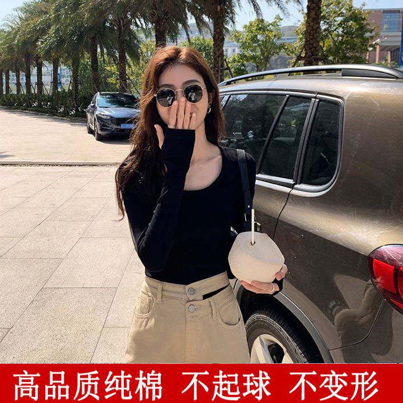 2022新款韩版黑色套手指长袖t恤女圆领百搭显瘦内搭打底衫上衣潮