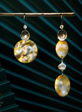 绘间手绘【桂月-常圆】秋冬长款通勤不对称气质珍珠耳环耳夹