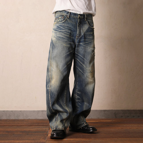 WIROTE威络 空境线 氤氲水雾蓝 立体剪裁破洞阔腿弯刀赤耳牛仔裤