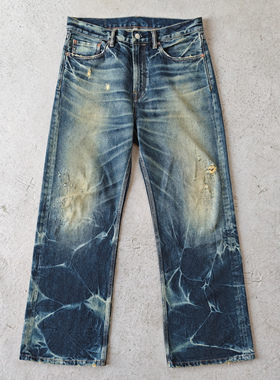 WIROTE威络 普鲁士蓝染泥浆洗做旧波纹扎花A字阔腿康龙宽幅牛仔裤