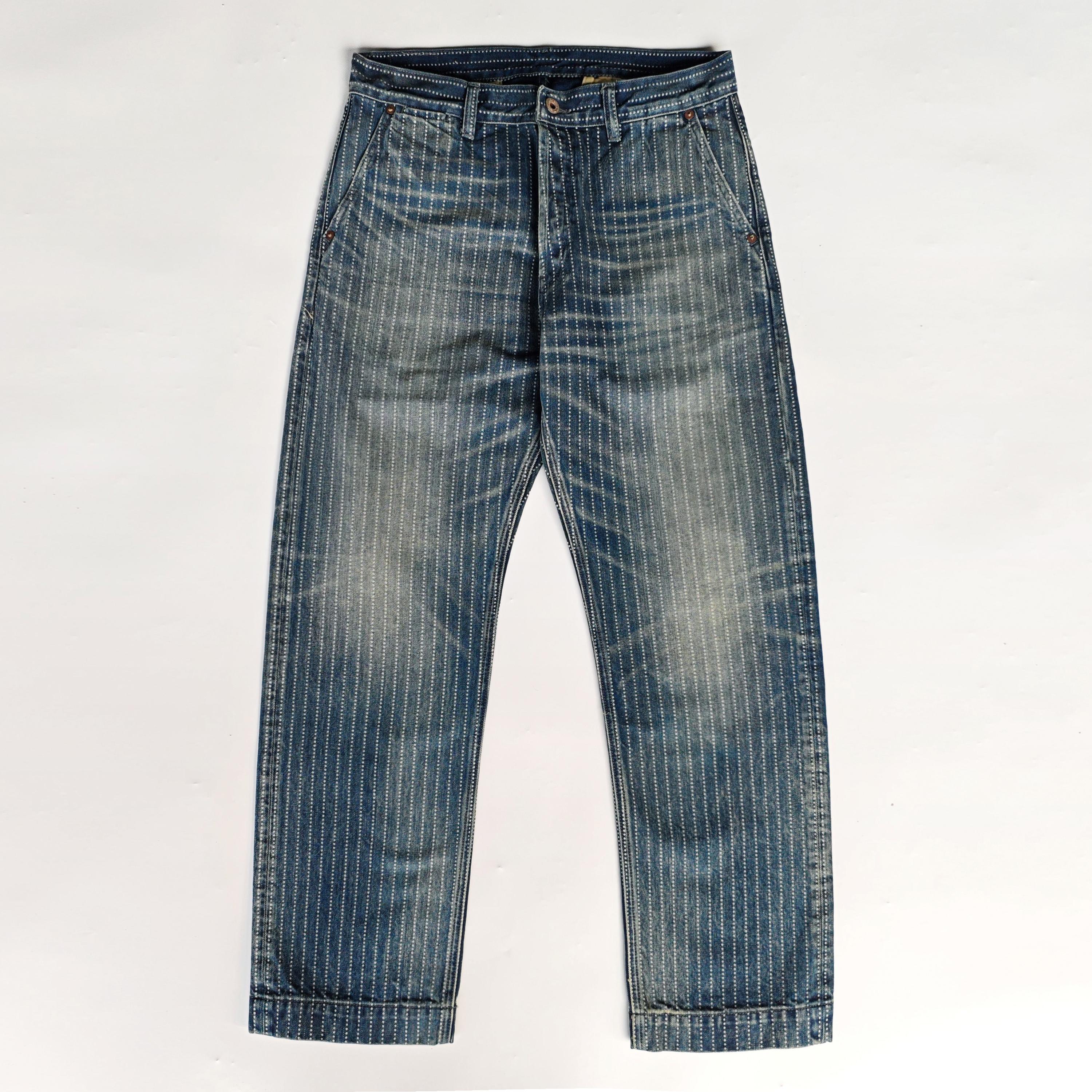 威络美式复古拔印条纹直筒牛仔裤