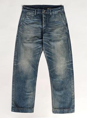 WIROTE威络美式复古手工猫须磨白宽松直筒巴黎扣牛仔双染工装长裤