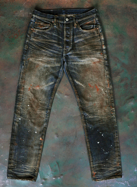 WIROTE威络重磅铁锈脏洗做旧刺绣泼墨油污赤耳牛仔长裤厚款16oz