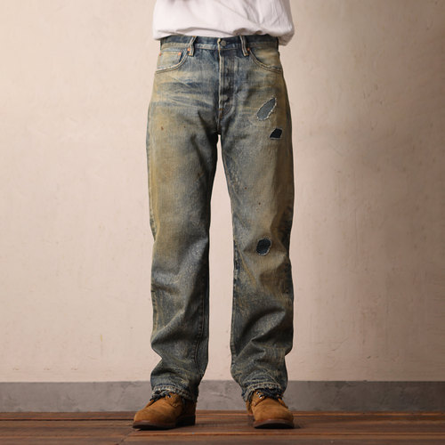 WIROTE威络 旧日光影黄泥水洗几何补丁 合身直筒赤耳牛仔裤