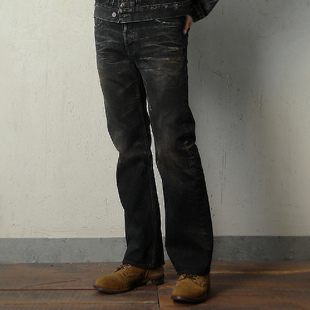 WIROTE威络  黑泥染油污擦色旧化洗靴裤 修身轻微喇叭赤耳牛仔裤