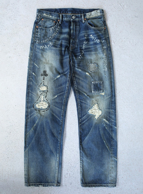WIROTE威络LVC牛王扑克字母印花破洞补丁水洗宽松直筒赤耳牛仔裤