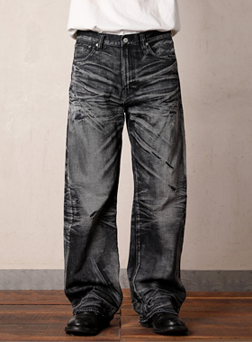 WIROTE威络 寒林破墨水墨黑康龙宽幅棹痕洗立体猫须宽松A字牛仔裤