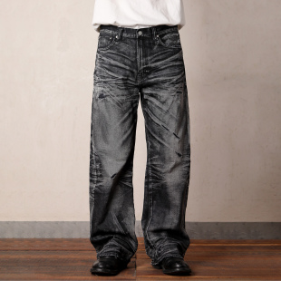 WIROTE威络 寒林破墨水墨黑康龙宽幅棹痕洗立体猫须宽松A字牛仔裤