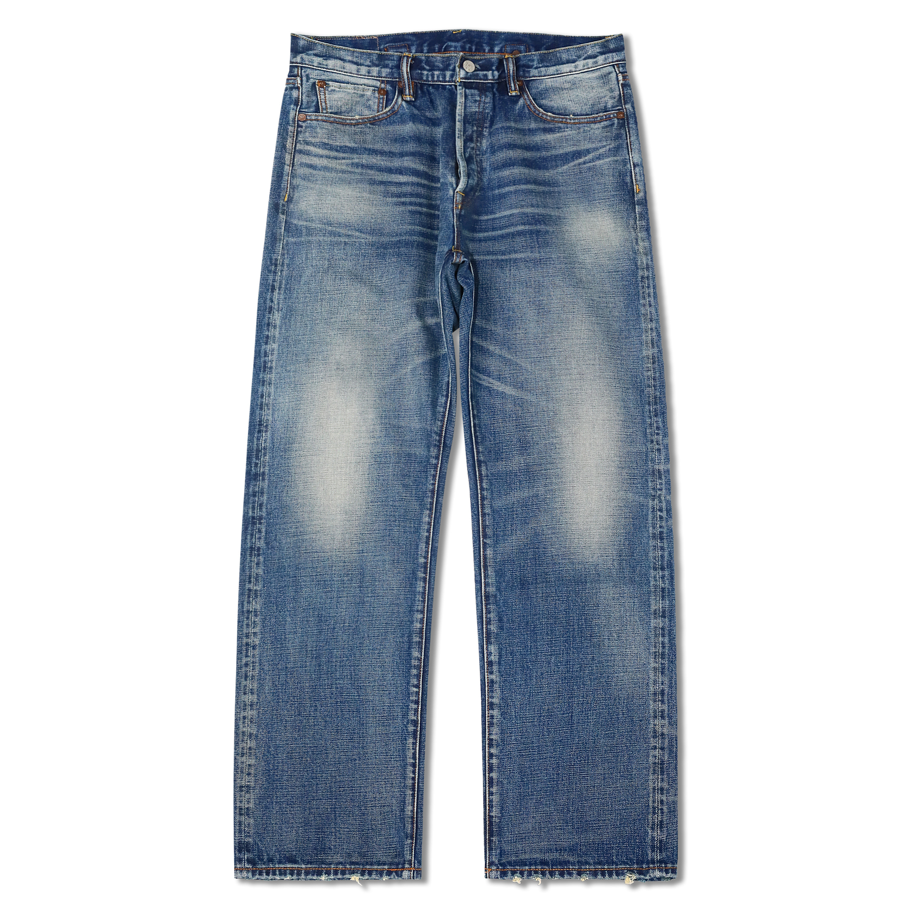 WIROTE威络 15.5oz常规养牛款 自然旧化猫须宽松直筒赤耳牛仔裤01