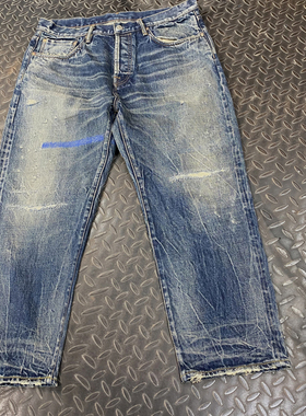 WIROTE威络2023新款宽松九分复古做旧油污刺绣手缝补丁赤耳牛仔裤