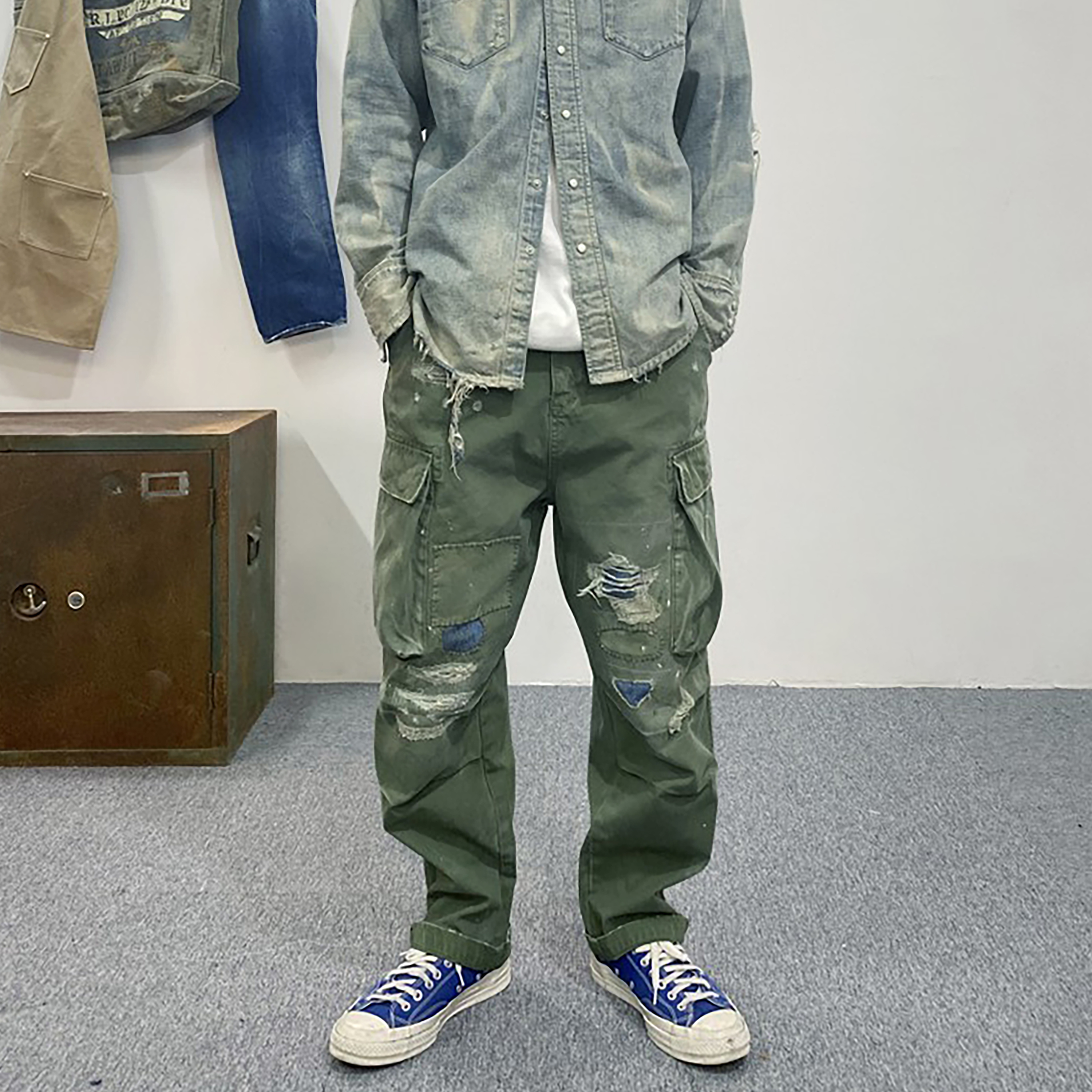 WIROTE威络美式复古破洞贴布补丁拉链宽松直筒做旧工装裤休闲裤厚