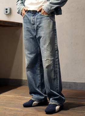 WIROTE威络日本贝原布雪花纹天蓝宽松直筒赤耳牛仔裤元年 KAIHARA