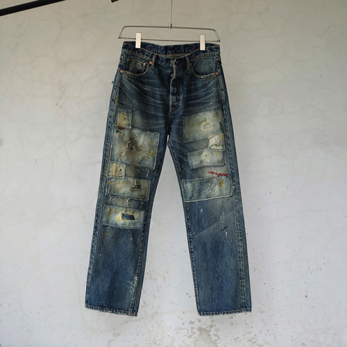 WIROTE威络 初代牛王补丁贴布 旧化洗水磨烂 宽松直筒赤耳牛仔裤